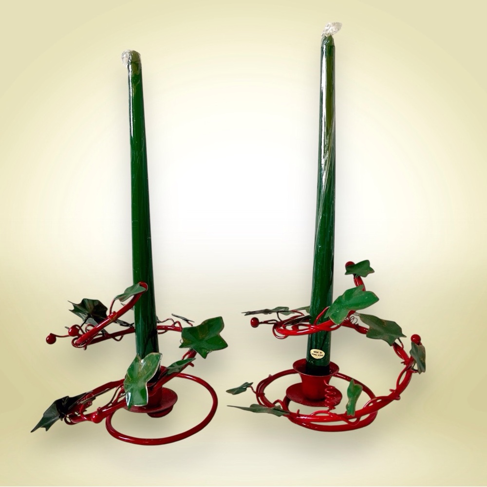 Vintage Metal Holly Berry Candle Holders with Green Tapers
